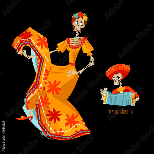 La Calavera Catrina. Dancing skeleton. Dia de Muertos.