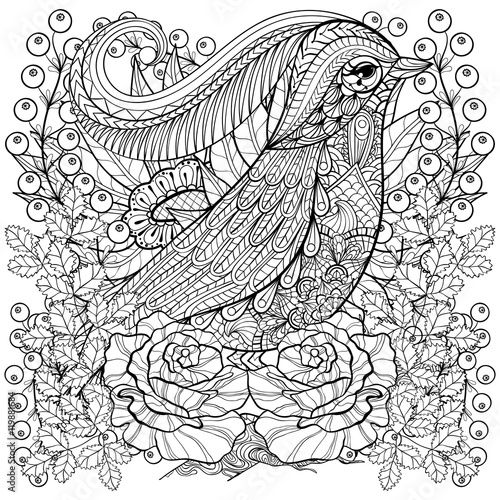 Zentangle stylized Bird in roses, sunflowers. Freehand sketch fo