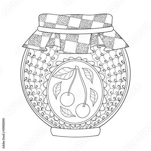 Zentangle stylized jar with cherry jam. Freehand sketch for adul