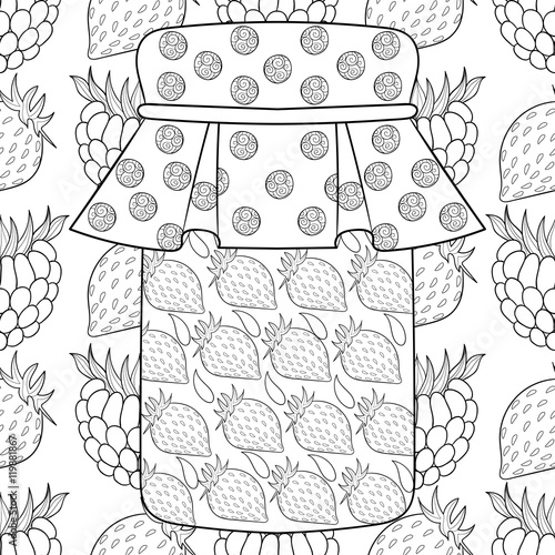 Zentangle stylized jar with strawberry jam on berries background