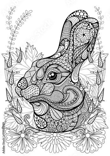 Zentangle stylized Rabbit with flowers. Hand drawn ethnic animal
