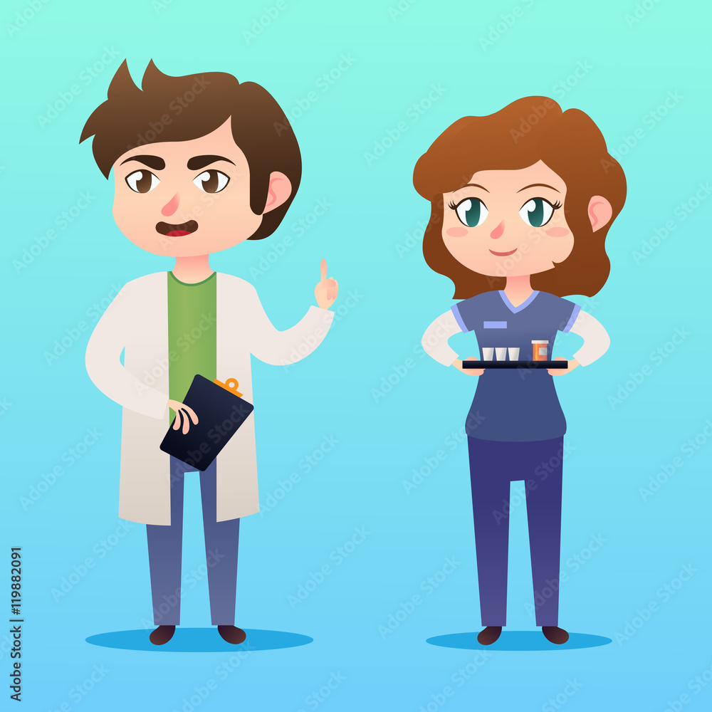 Medical staff character. Young man doctor. Therapist in uniform woman nurse. cartoon style. Vector illustration. Medical staff character. Young man doctor. Therapist in uniform woman nurse. cartoon style. Vector illustration.