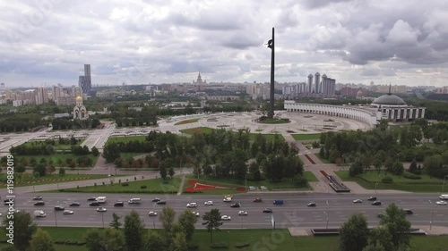 Aerial city panorama of Moscow in the poklonnaya gora area. Camera is hovering in the air and filming speed up video, fast motion, car traffic.