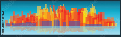 Vector cityscape tall buildings on a long strip widescreen over blue background with reflection