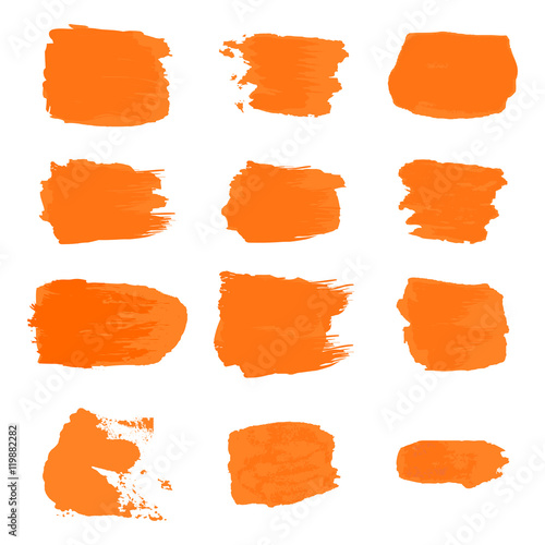 Vector brush stroke paint abstract on white background set hand drawing design art, orange color grunge texture frame for banner, label 