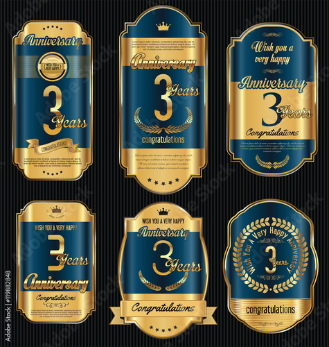 Anniversary golden retro vintage labels collection 3 years