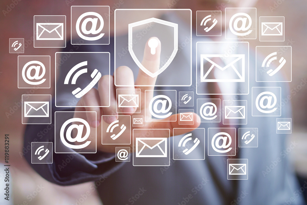 Businessman push button shield security virus network web communication Businessman push button shield security virus network web communication
