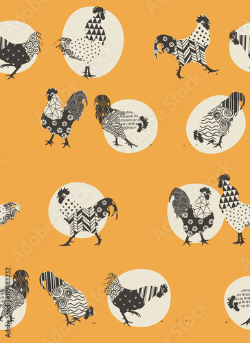 seamless texture with roosters, ornaments handmade rooster - a symbol of 2017
