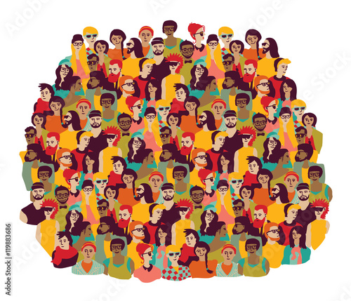 Big group young happy casual people faces isolate on white.