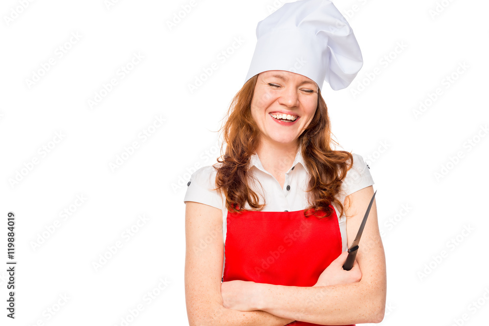 laughing chef in red apron with a sharp knife isolated laughing chef in red apron with a sharp knife isolated