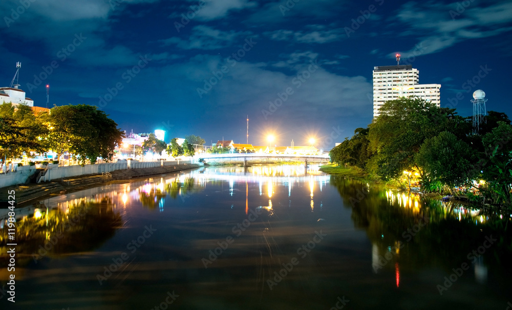 Ping River at night Scene in chiang mai , thailand