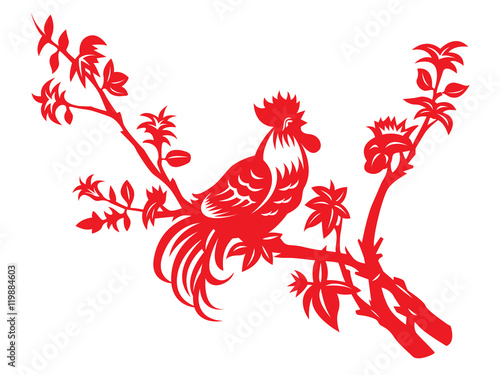 Red paper cut a chicken rooster crows on tree vector art design