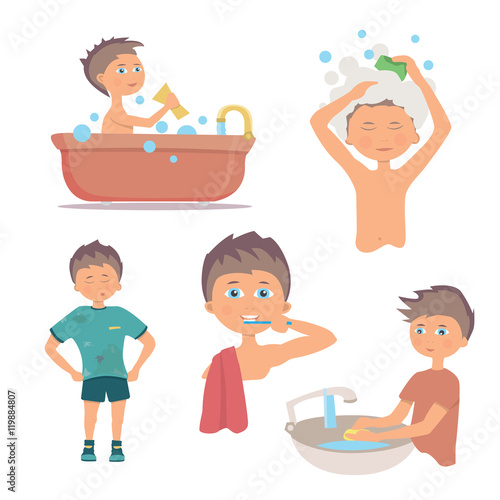 Morning personal hygiene and hands washing procedure. hygiene boy