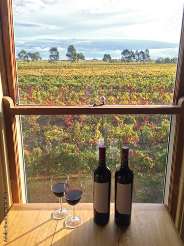 Glass of red wine next to bottles near windows with soft view of vineyard in afternoon. These wine grapes are growing on limestone coast in Coonawarra winery region during Autumn in South Australia