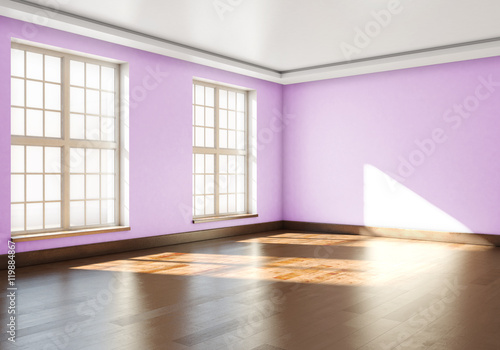 3D rendering of empty interior. Empty room with parquet floors a