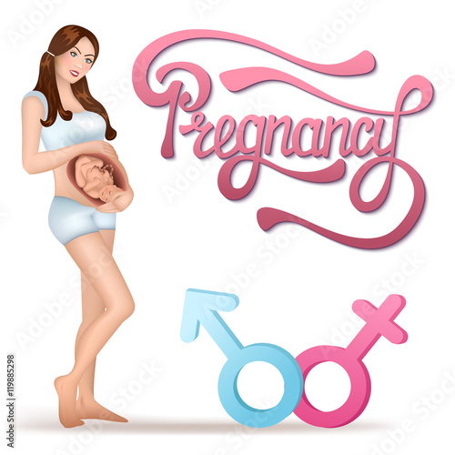 Pregnant woman with pink and blue bow on the tummy. Hand drawn lettering, gender symbols of male female.