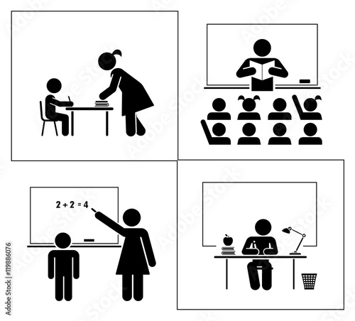 Set of school and education pictograms. School and classroom. 