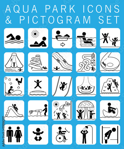 Collection of pictograms and signs for aqua park. Water park. Summer fun.         
