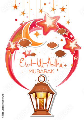 Greeting card for Bakr-Eid. Eid Al Adha mubarak poster with glowing lantern, hanging golden stars and crescent moon photo