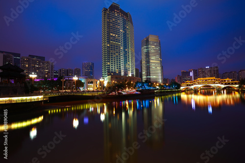 Rivers with city modern architecture background Night