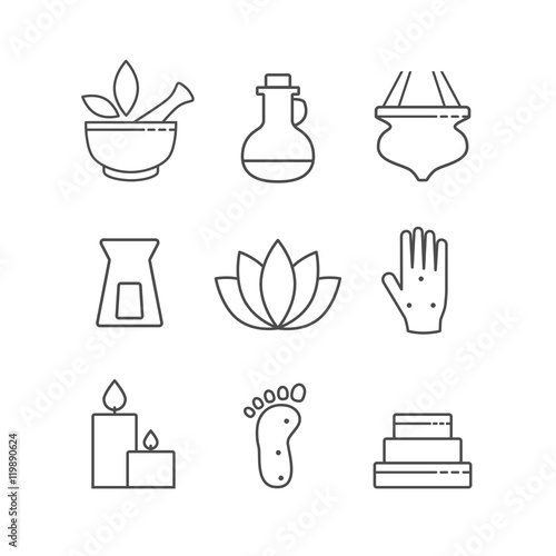Set of linear outline alternative medicine and spa icons, vector symbols isolated on white. Ayurveda, Chinese Medicine, holistic center logo.