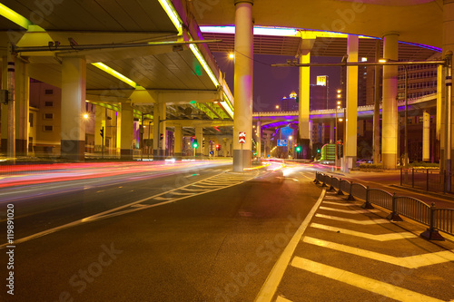 Empty road floor with city elevated bridge of night