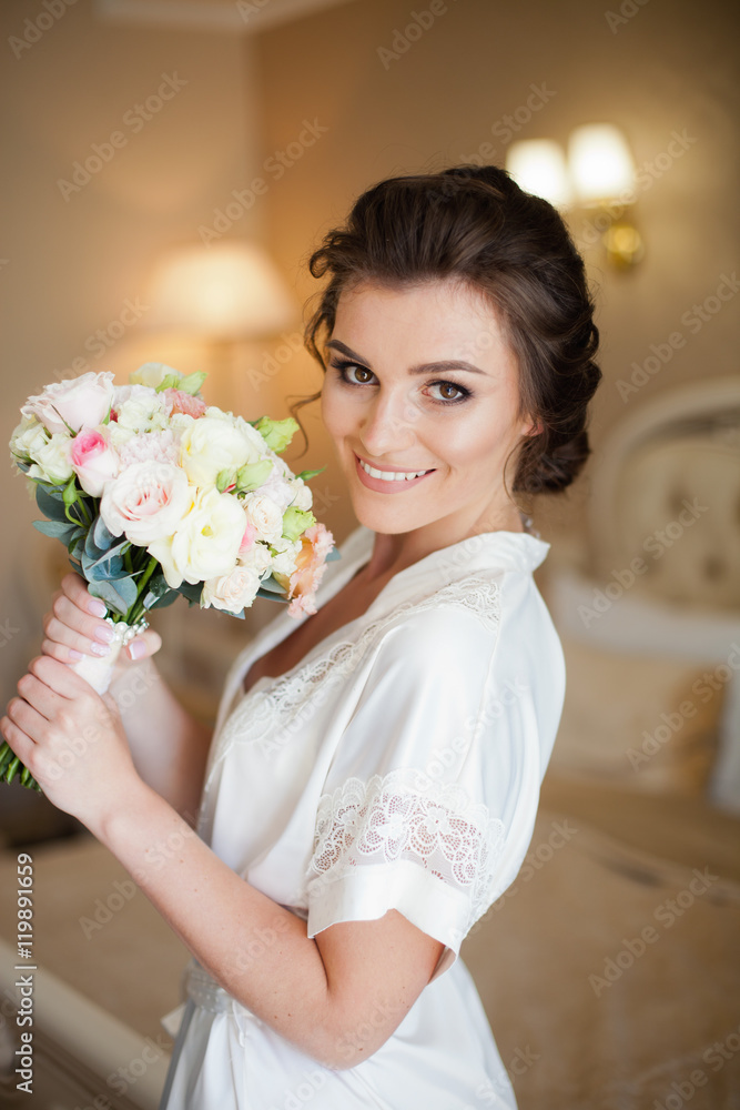 Pretty bride with lovely bouquet at home Pretty bride with lovely bouquet at home
