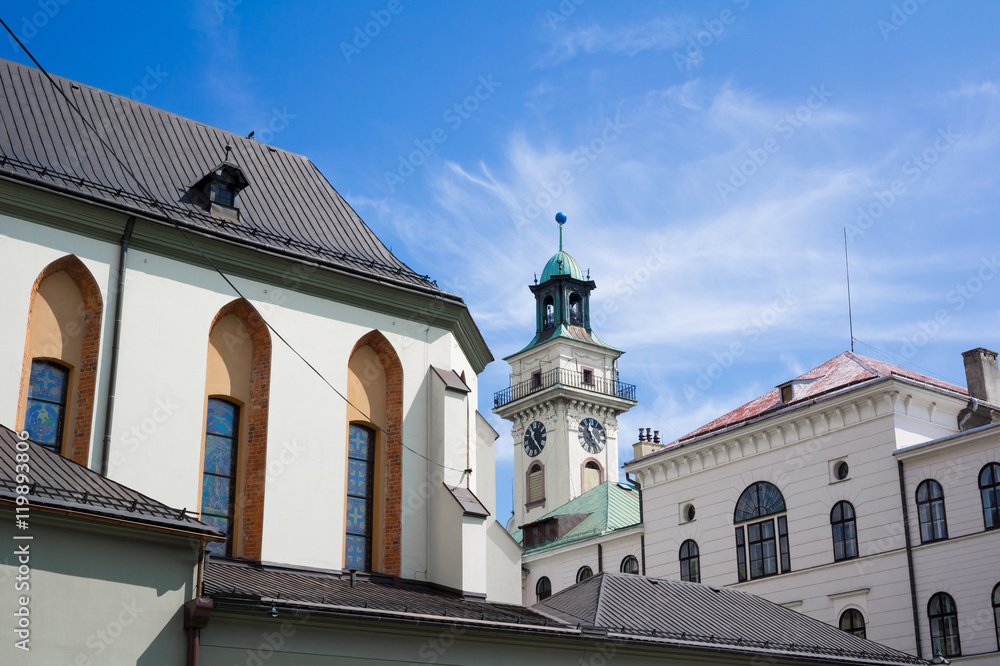 Church of Saint Mary Magdalene ( Kosciol swietej Marii Magdaleny ) and tower of Town Hall ( Ratusz miejski ),  Cieszyn, Silesia, Poland, Central Europe