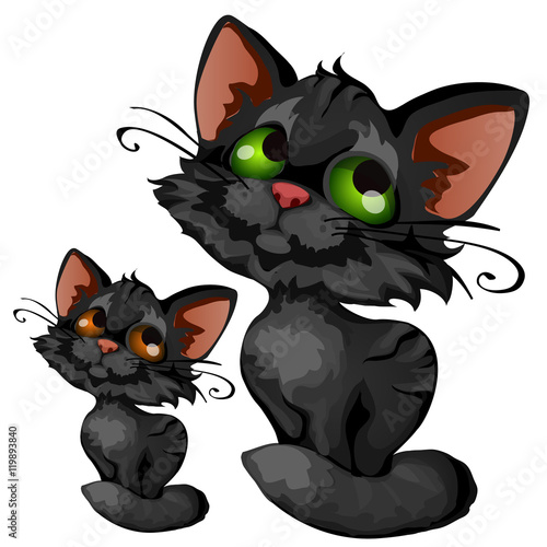 Sly cartoon black kitten, vector animal