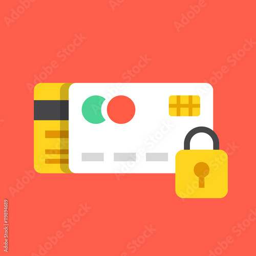 Credit cards and lock icon. Payment protection, secure transaction, anti fraud concepts. Modern flat design vector illustration