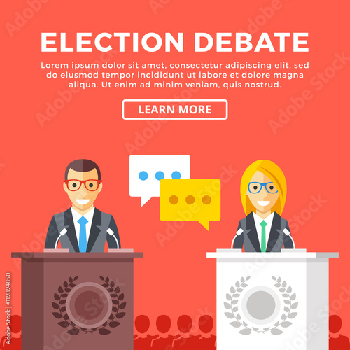 Election debate. Presidential candidates at rostrum, supporters behind. Modern concepts, creative graphic elements. Flat design vector illustration