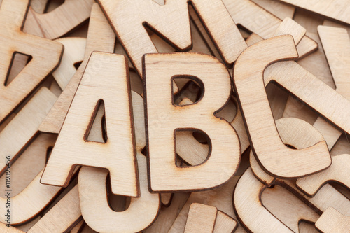 Alphabet made of wooden letters macro