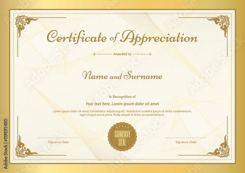 Certificate of appreciation template with vintage gold border