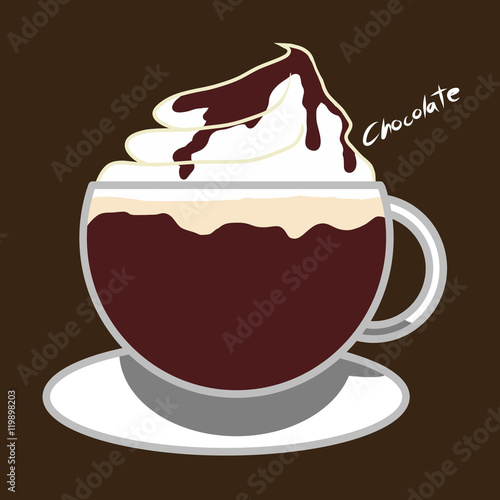 Hot chocolate drink with whipping cream and chocolate syrup illustration