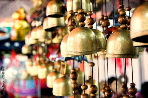 Chinese temple bell hanging in the evening.