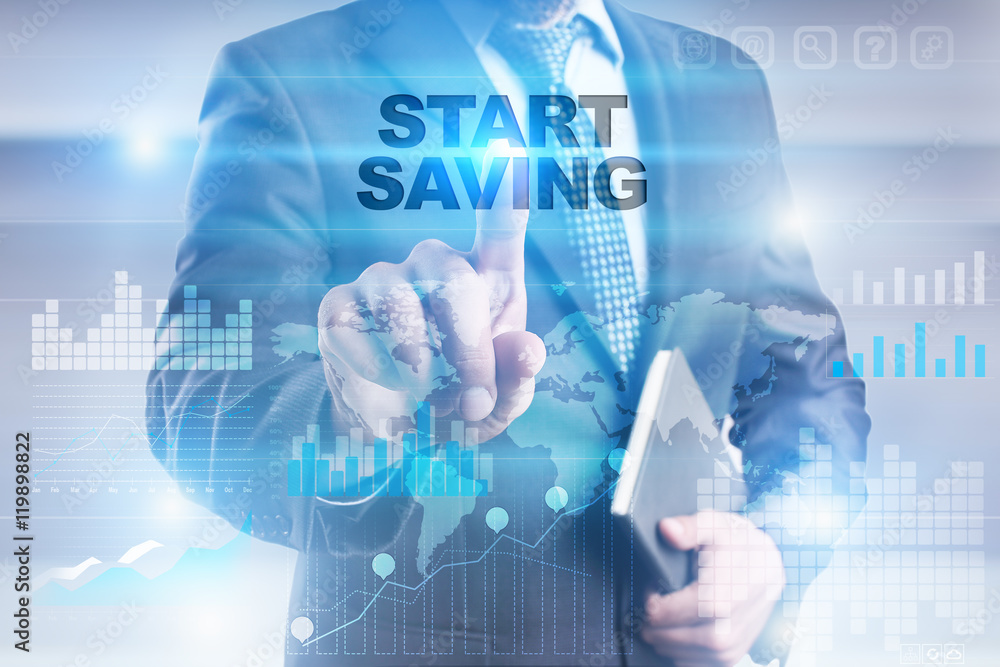 Businessman is pressing button on touch screen interface and selecting Businessman is pressing button on touch screen interface and selecting