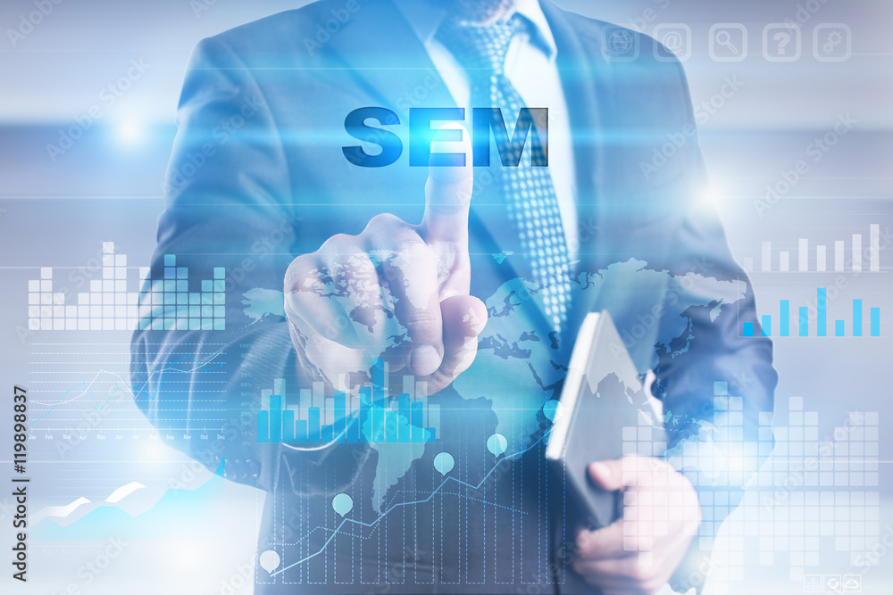 Businessman is pressing button on touch screen interface and selecting Businessman is pressing button on touch screen interface and selecting