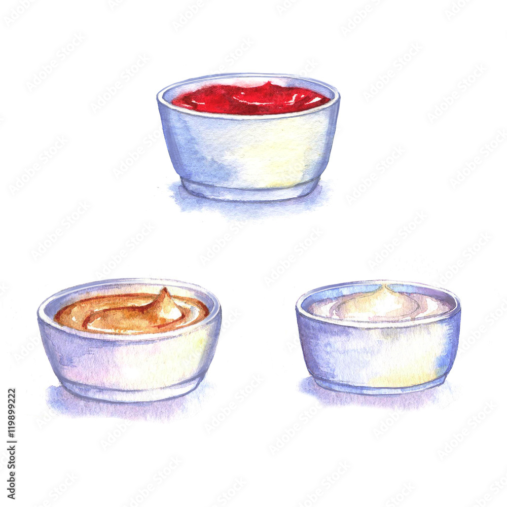 Handdrawn watercolor illustration of different sauces ketchup, sauce