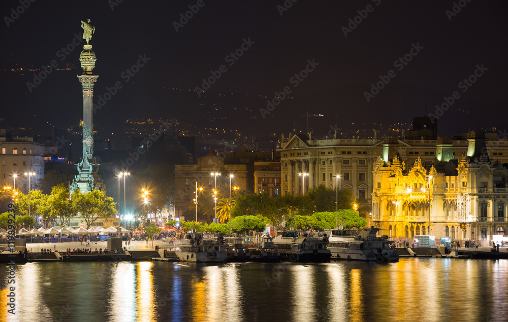 Barcelona  Port  with  Columbus statue  in  night