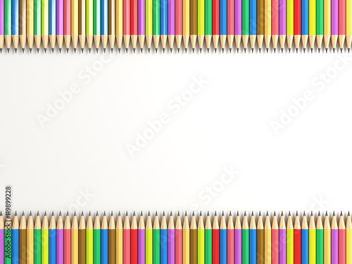 School supplies with colored pencils sharp in two rows on the edge of the whie paper background. Back to School flat lay and top view theme. 3d illustration
