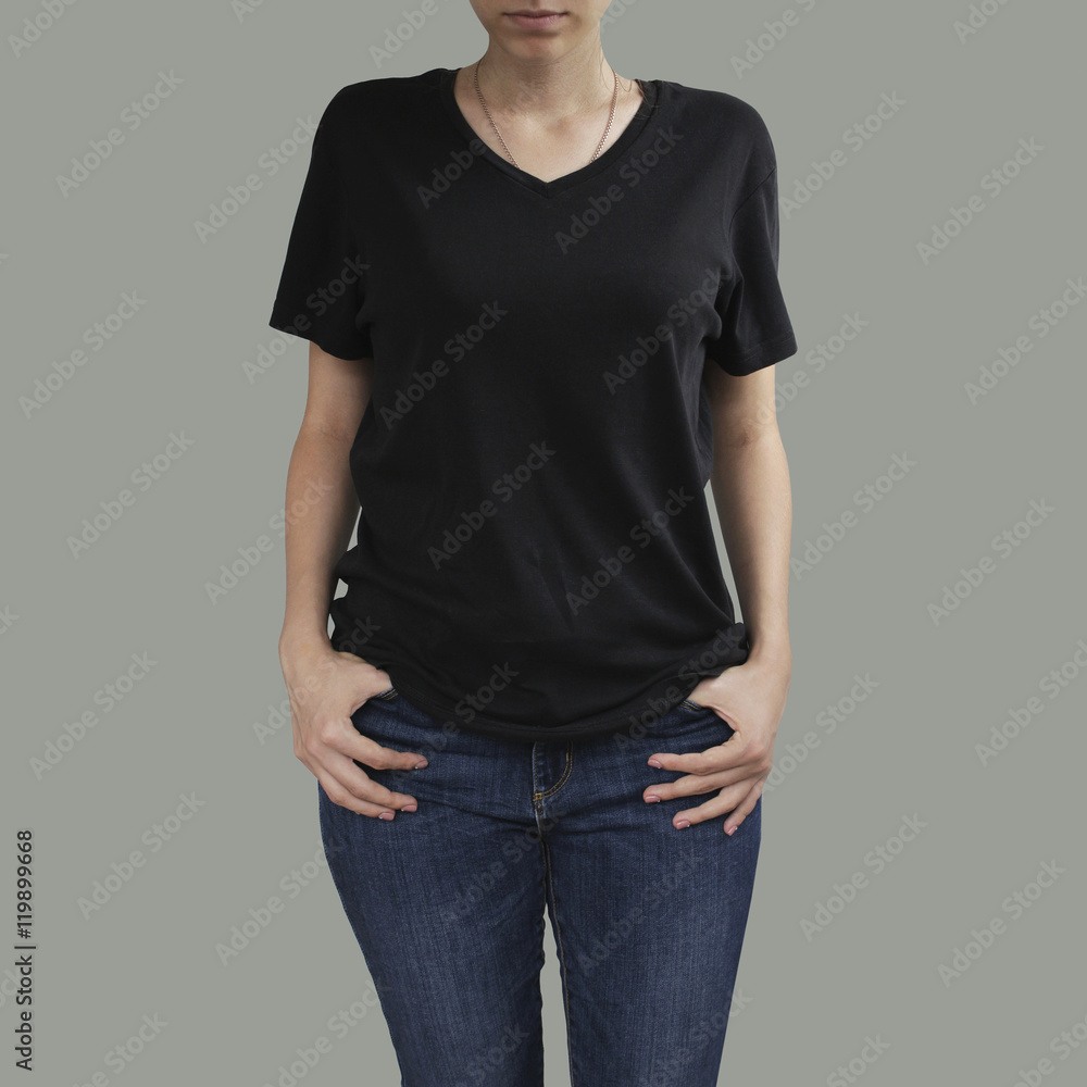 Young beautiful sexy female with blank black shirt, front. Ready Young beautiful sexy female with blank black shirt, front. Ready