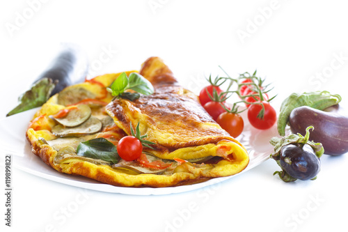 fried omelet with eggplant and tomatoes