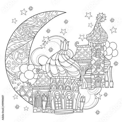 Vector cute christmas fairy tale town doodle.
