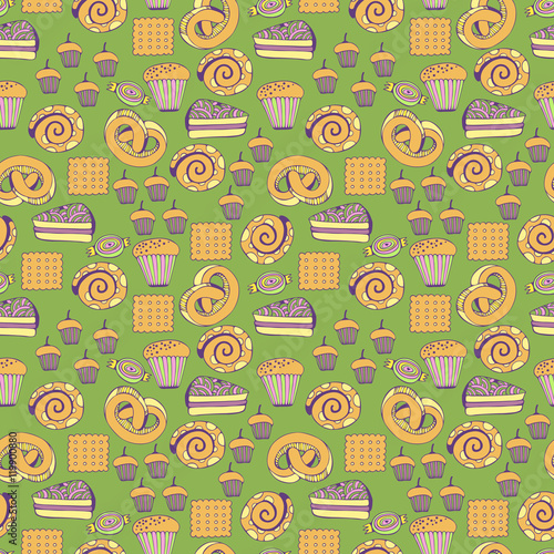 Hand drawn sweets and candies set. Colorful Vector Seamless Pattern.