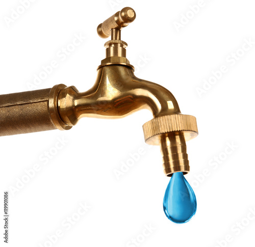 Conservation water concept. Faucet with blue water drop on white background.
