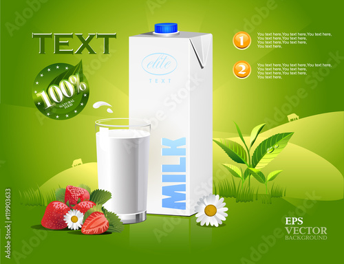 Glass of milk and a package on a natural green background