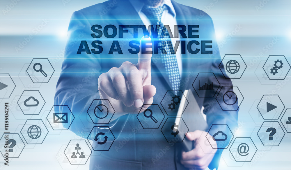 Businessman is pressing button on touch screen interface and selecting Businessman is pressing button on touch screen interface and selecting