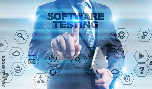 Businessman is pressing button on touch screen interface and selecting "Software testing".