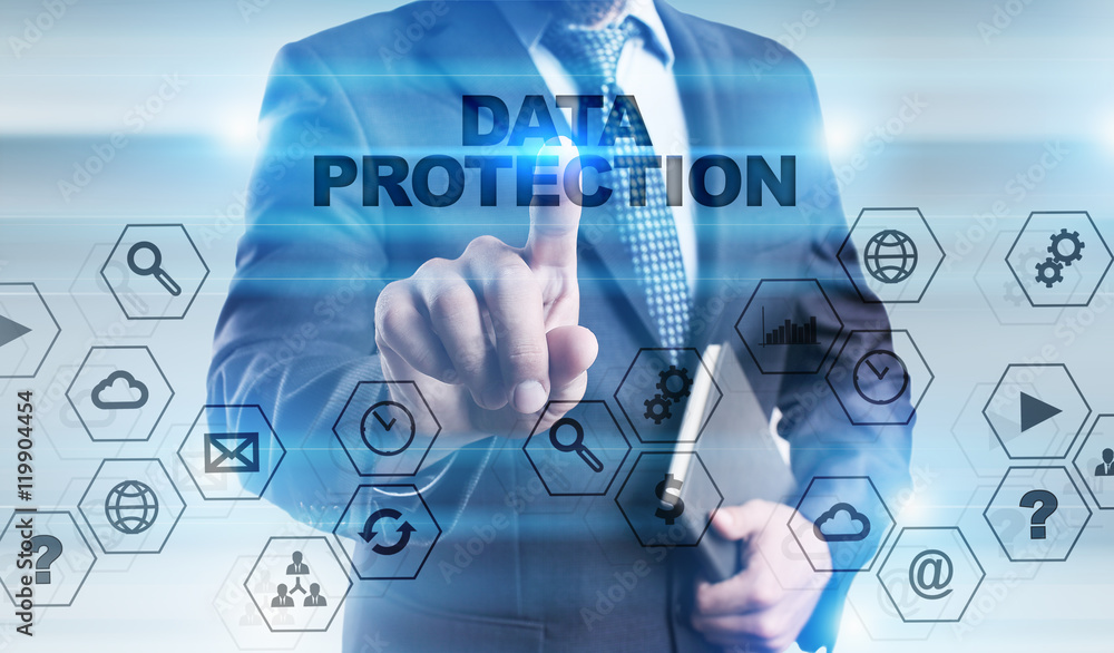 Fototapeta premium Businessman is pressing button on touch screen interface and selecting