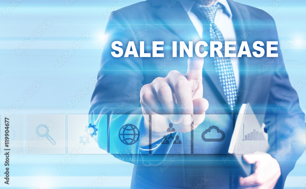Businessman is pressing button on touch screen interface and selecting Businessman is pressing button on touch screen interface and selecting